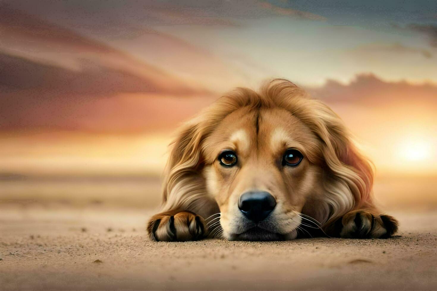 a dog laying on the ground at sunset. AI-Generated photo