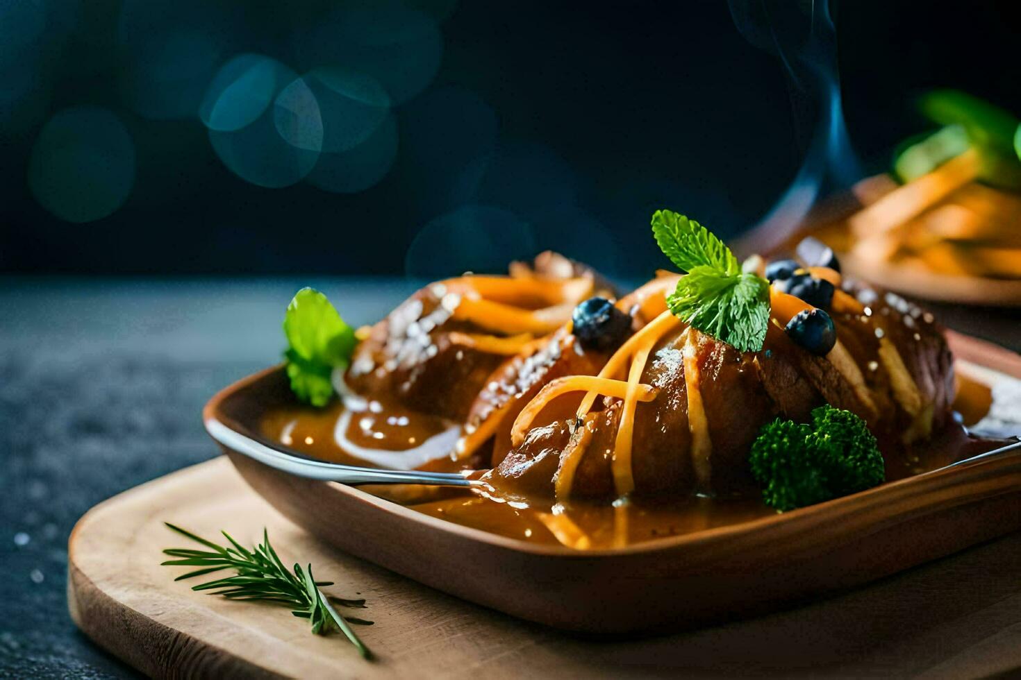 un plato de comida con carne y salsa. generado por ai foto