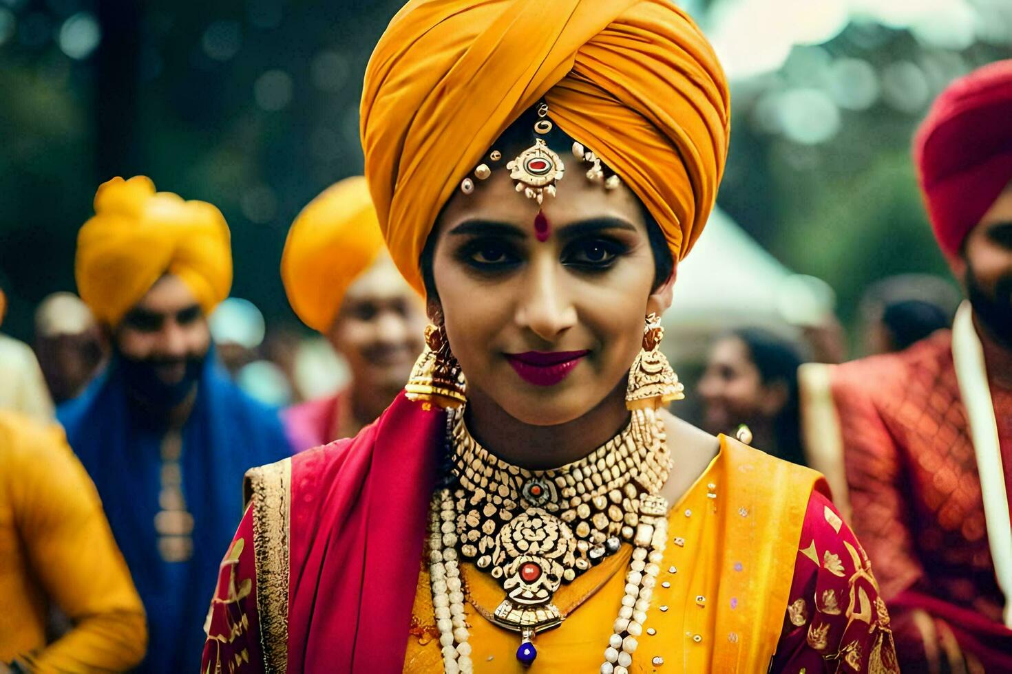 indio novia en amarillo turbante y oro joyas. generado por ai foto