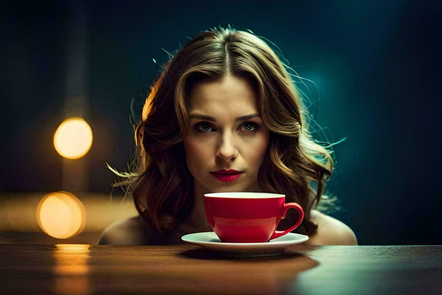 a woman is sitting at a table with a cup of coffee. AI-Generated photo