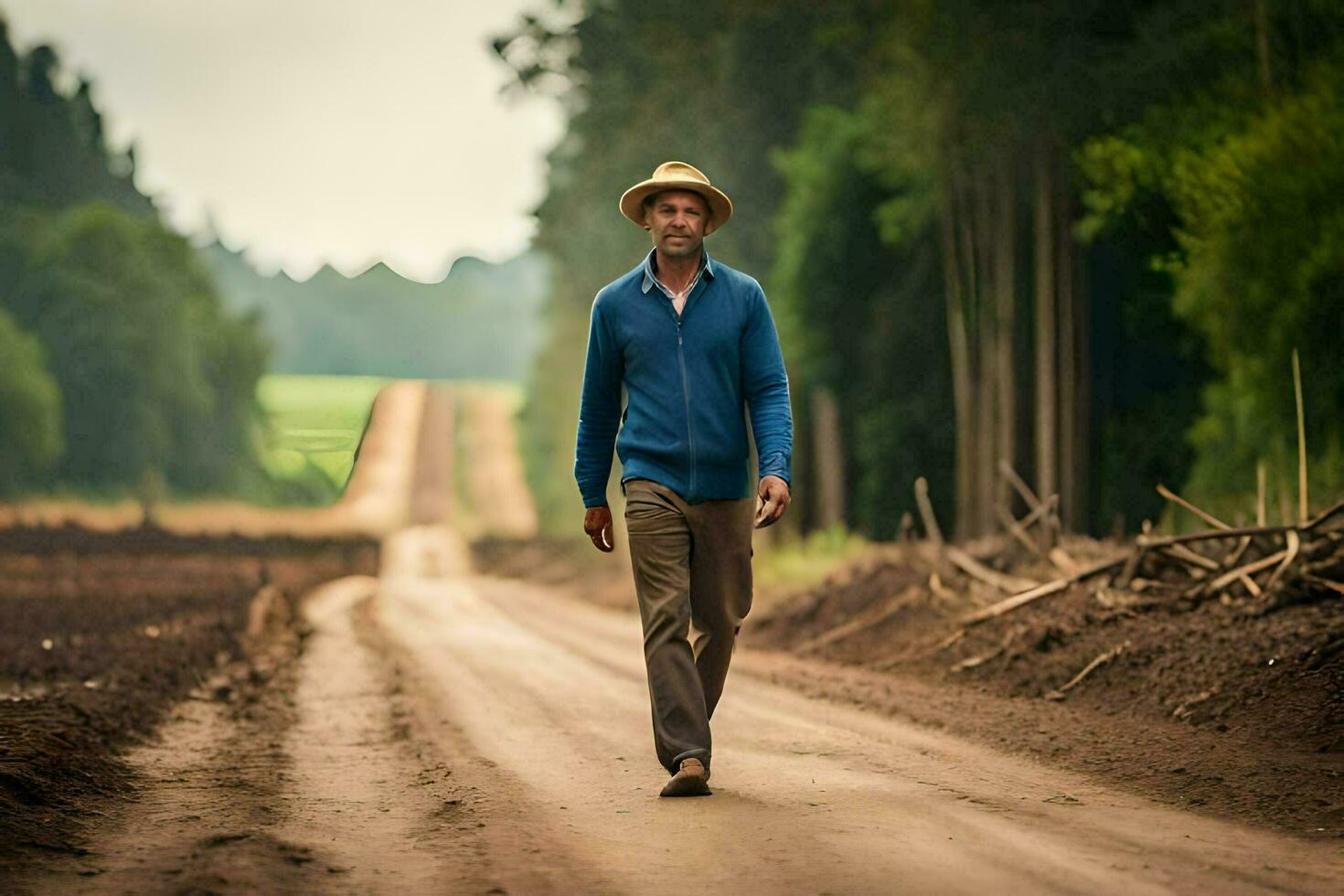 a man in a hat walks down a dirt road. AI-Generated photo