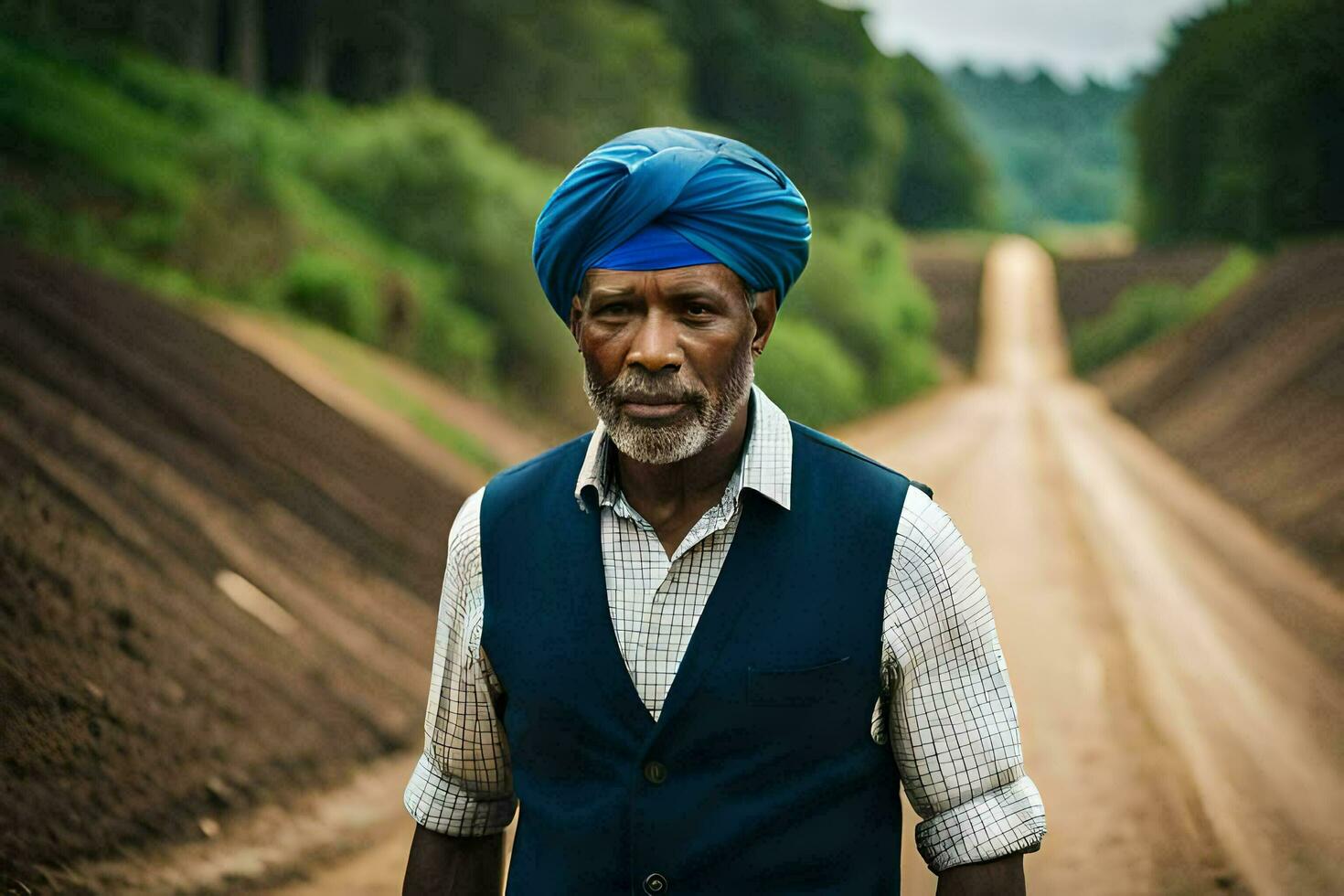 an old man wearing a turban on a dirt road. AI-Generated photo