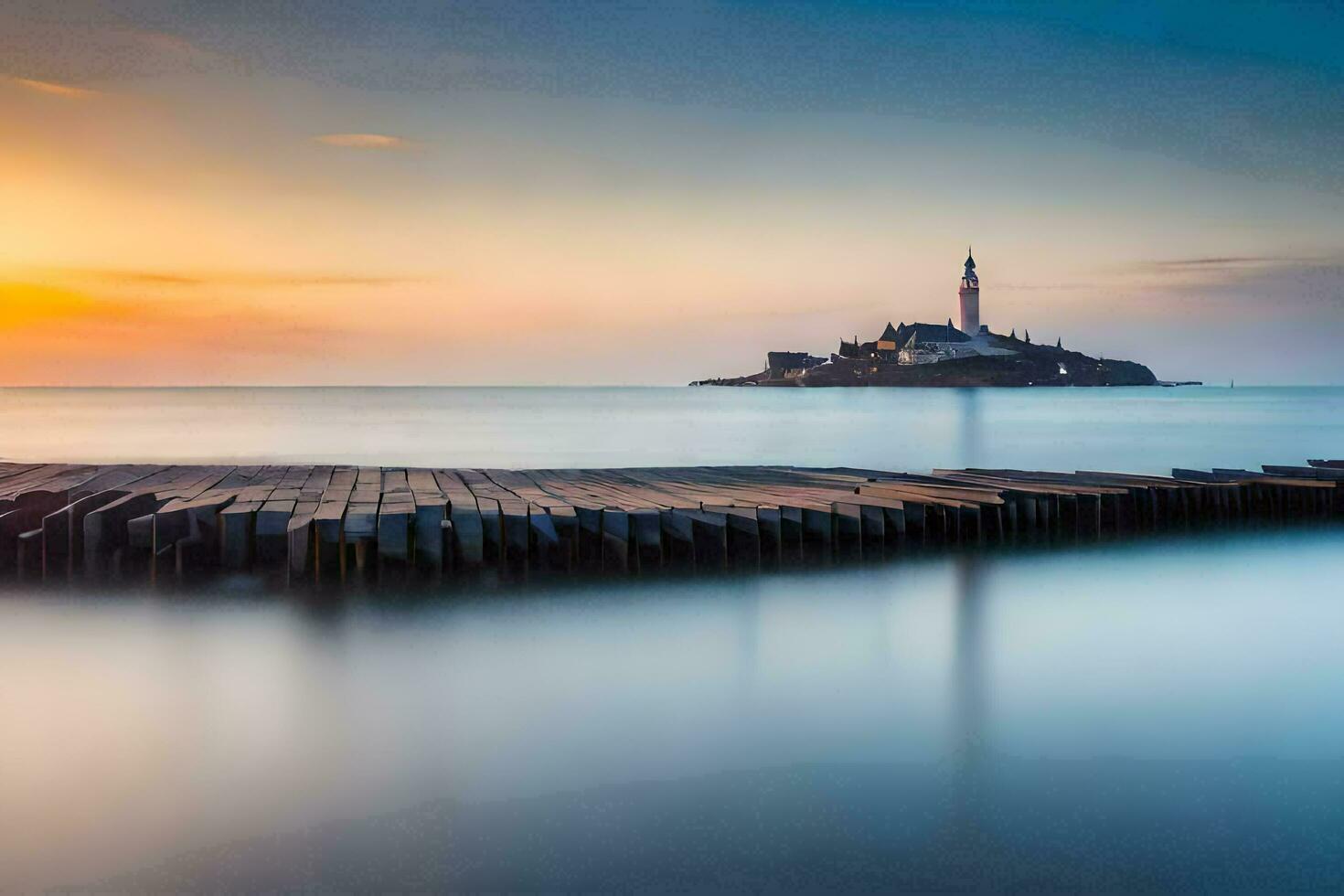 a lighthouse sits on the shore of the ocean at sunset. AI-Generated photo