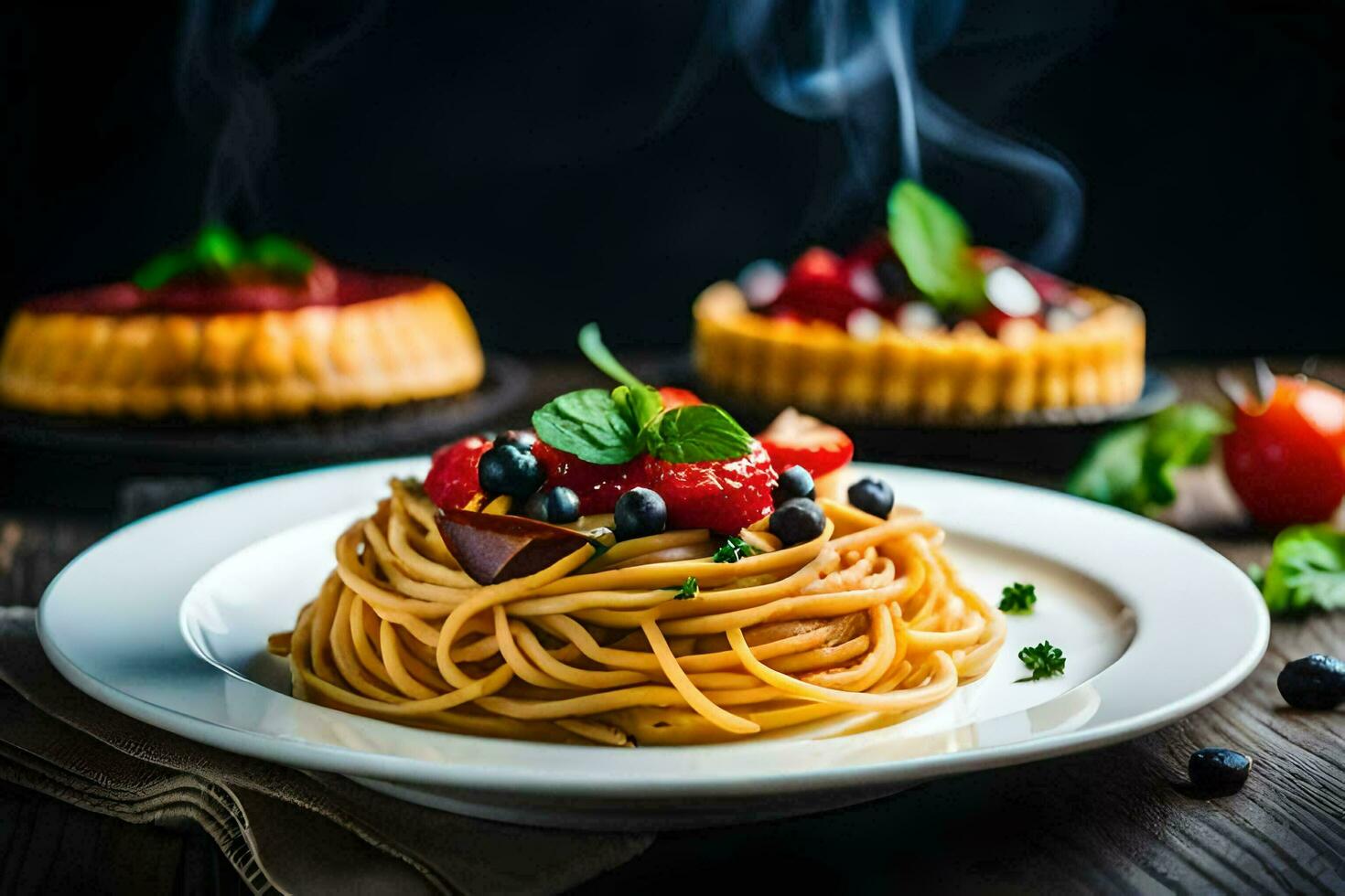 spaghetti with tomatoes and blueberries on a plate. AI-Generated photo