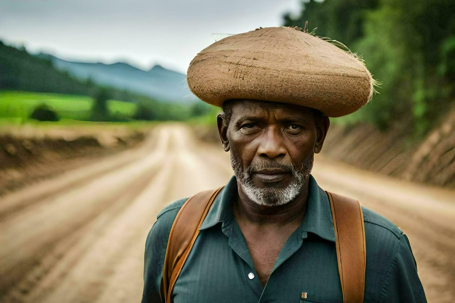 un hombre vistiendo un Paja sombrero en un suciedad la carretera. generado por ai foto