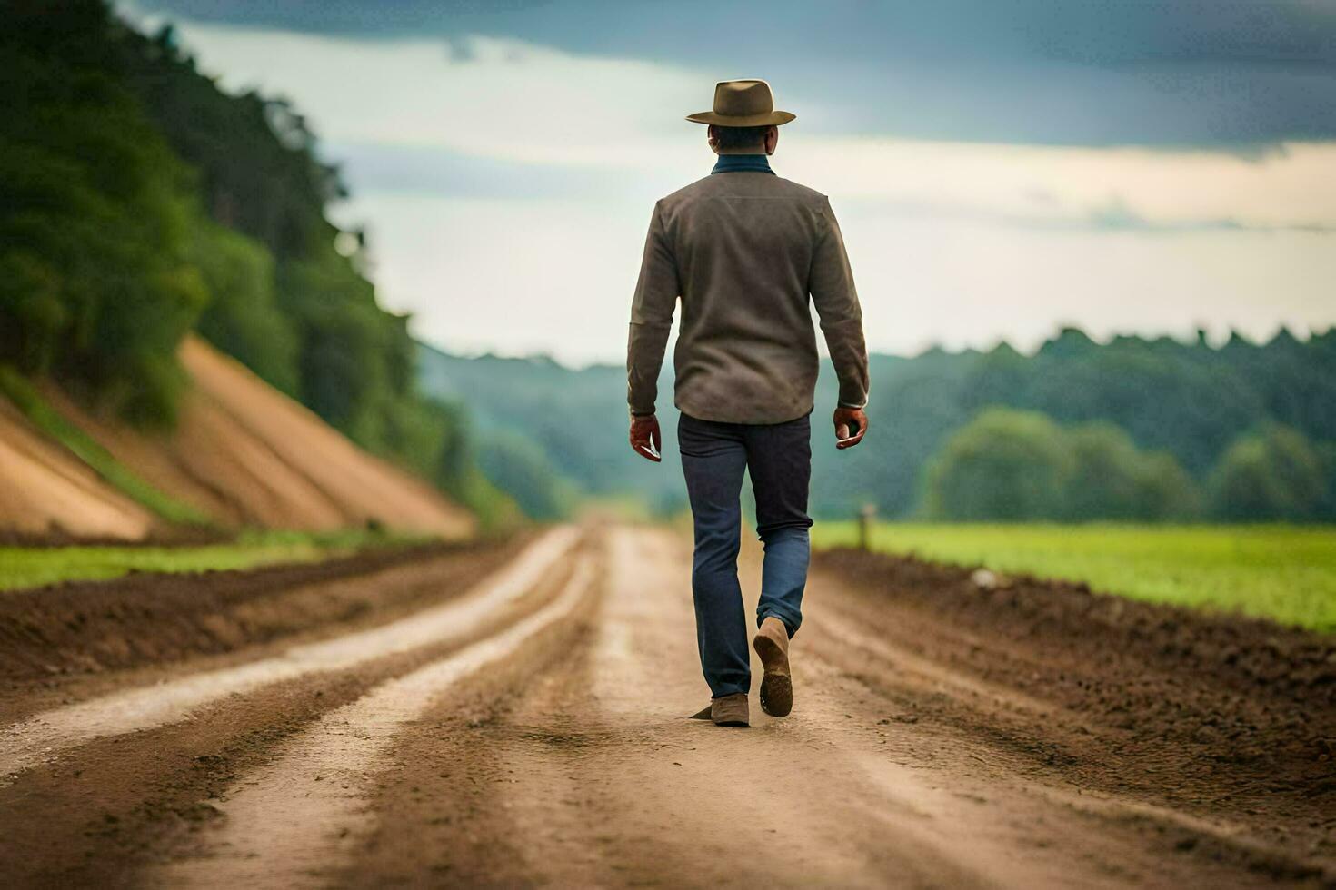 un hombre en un sombrero camina abajo un suciedad la carretera. generado por ai foto