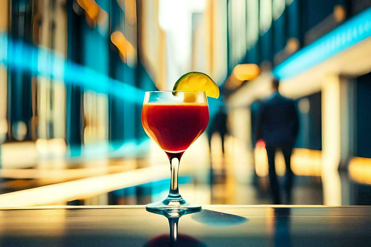 a glass of red drink sitting on a table in front of a building. AI-Generated photo