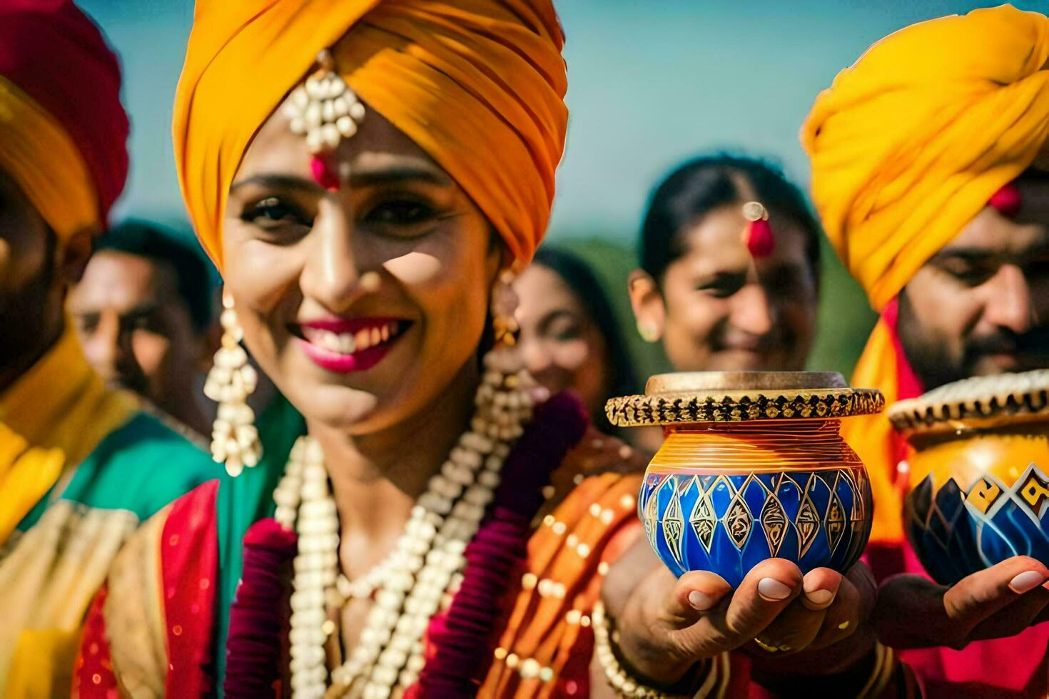 a woman in a turban holding a pot. AI-Generated photo