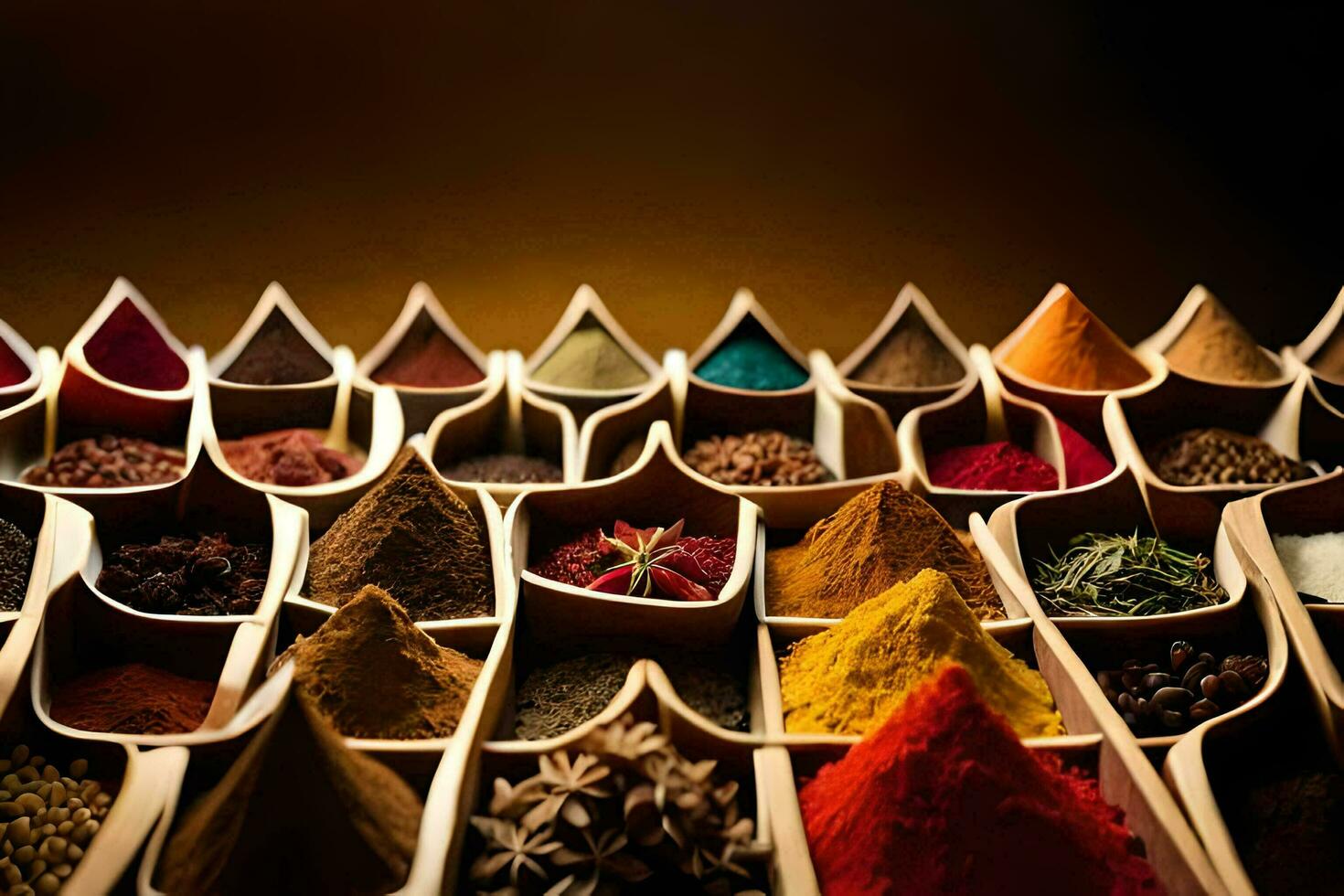 a variety of spices in wooden bowls. AI-Generated photo
