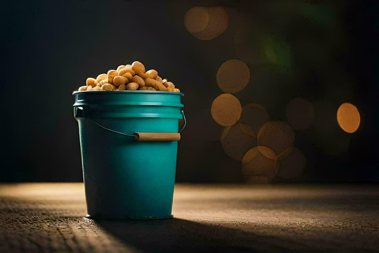a bucket filled with peanuts on a wooden table. AI-Generated photo