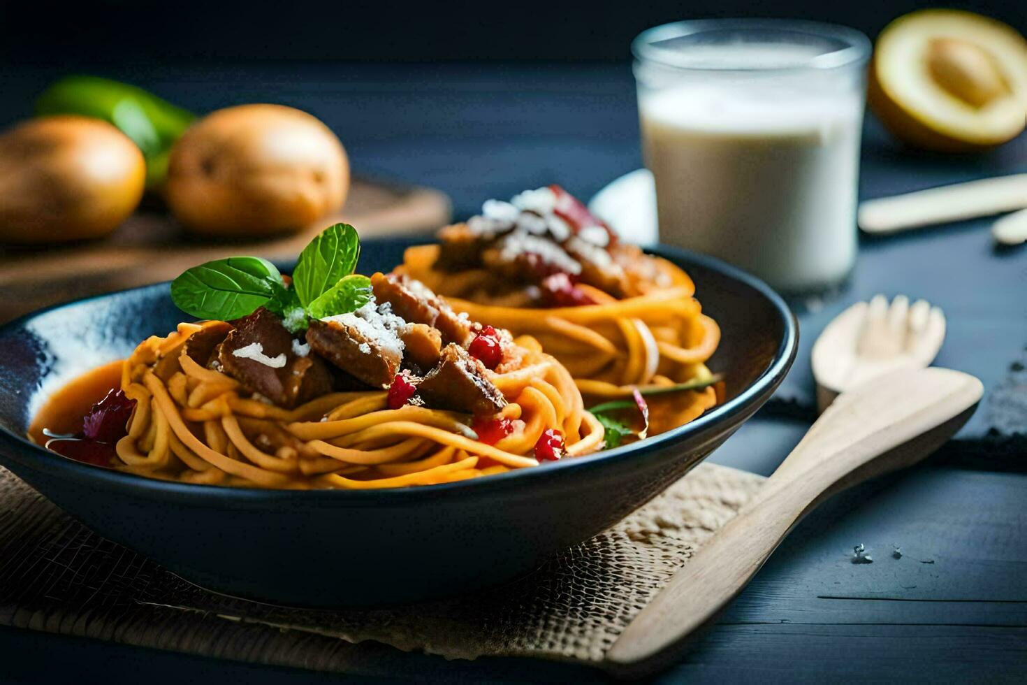 spaghetti with meat and vegetables in a bowl. AI-Generated photo