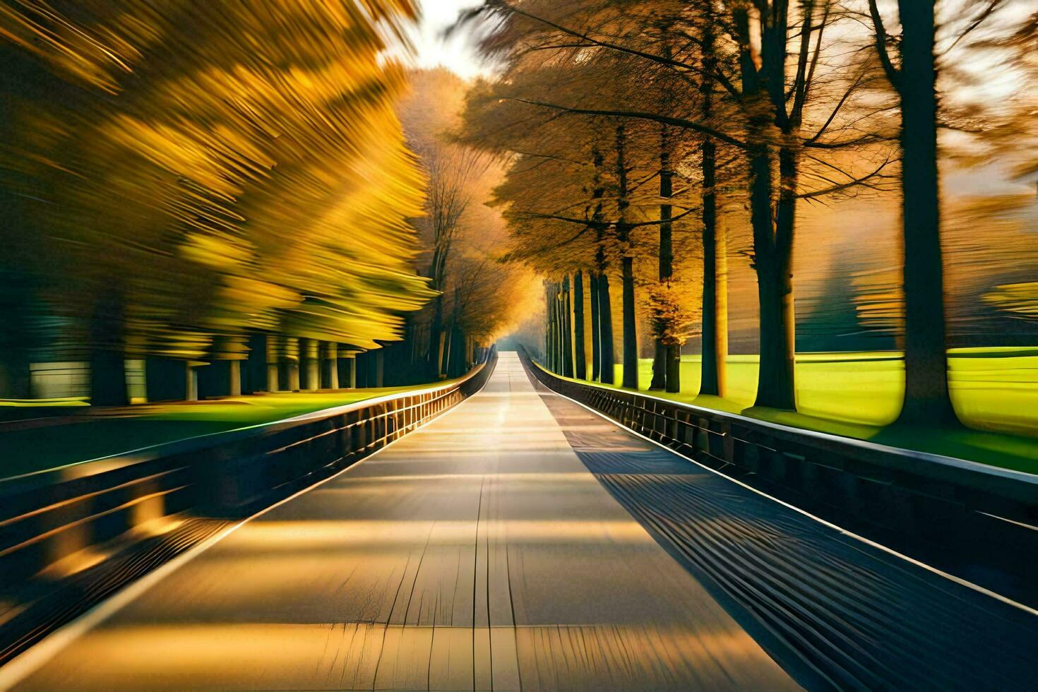 a long road with trees and a light trail. AI-Generated photo