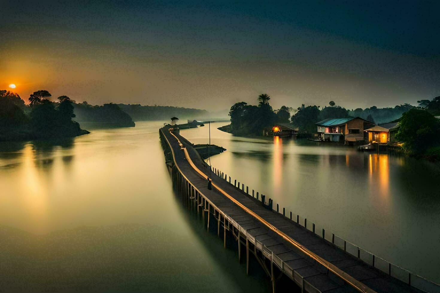 a long exposure photograph of a bridge over a river. AI-Generated photo