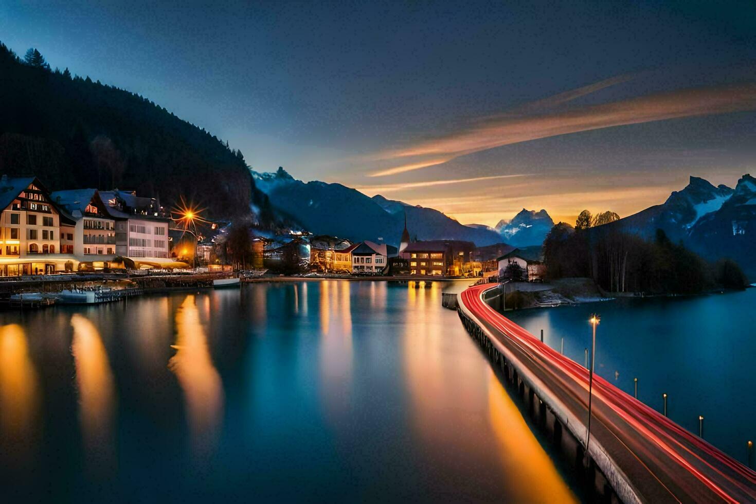 a long exposure photo of a town and lake at night. AI-Generated