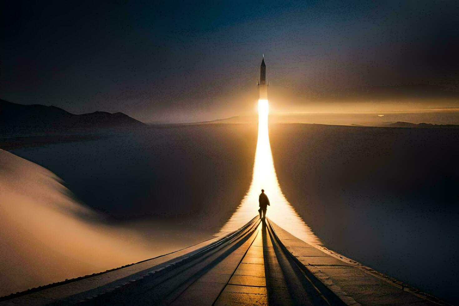 un hombre en pie en un puente mirando a un cohete. generado por ai foto