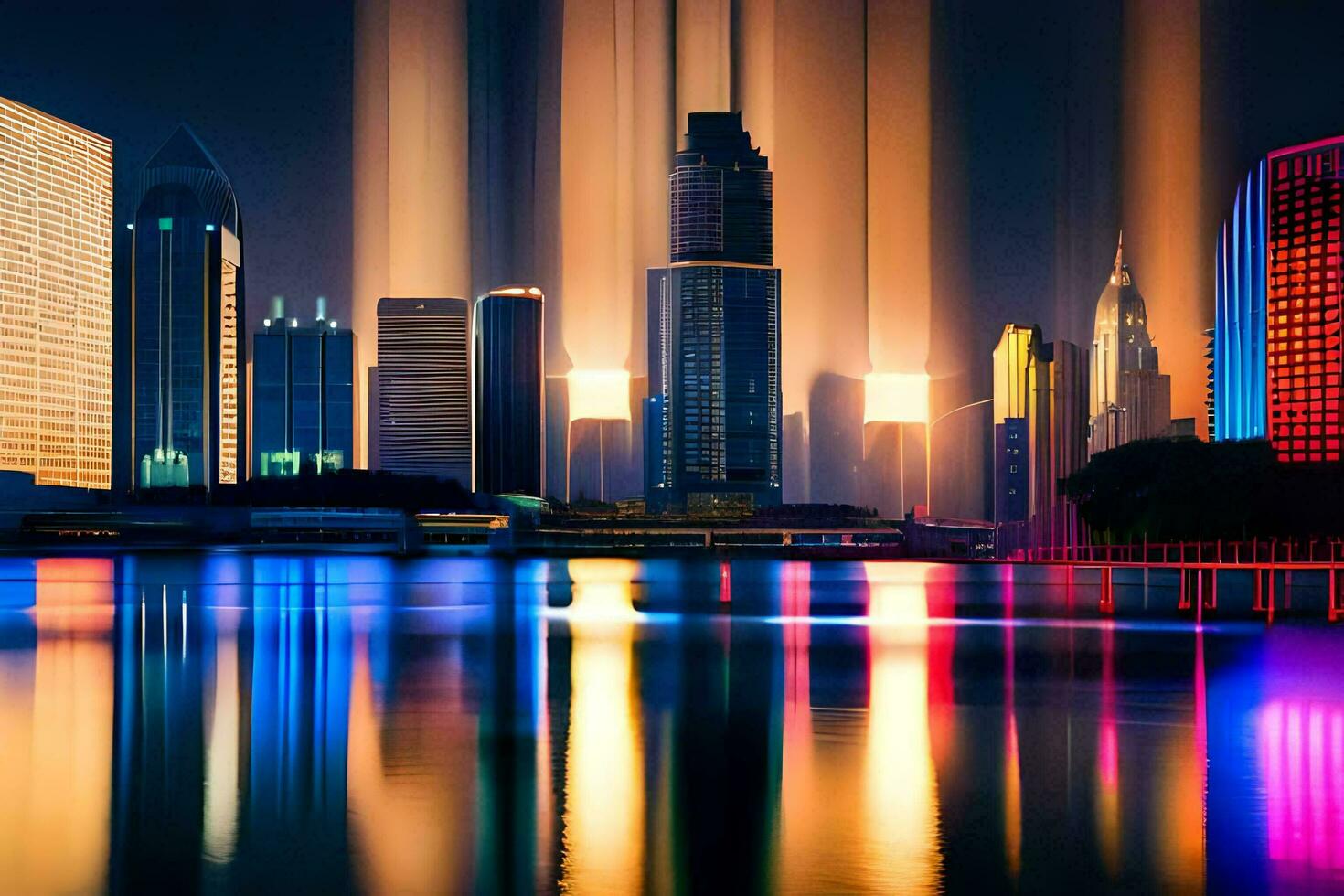 a city skyline lit up at night with bright lights. AI-Generated photo