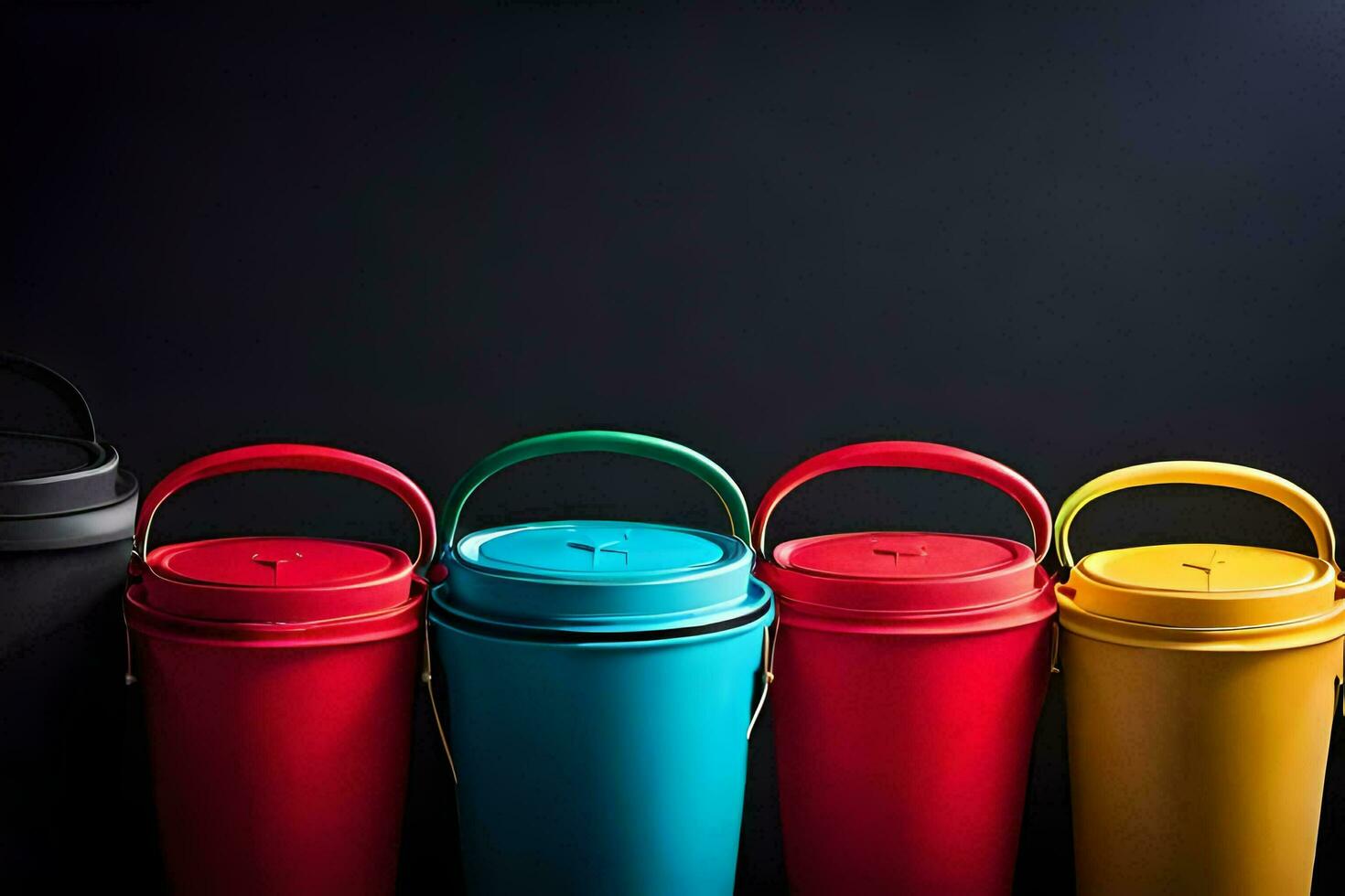 five colorful plastic containers are lined up against a black background. AI-Generated photo