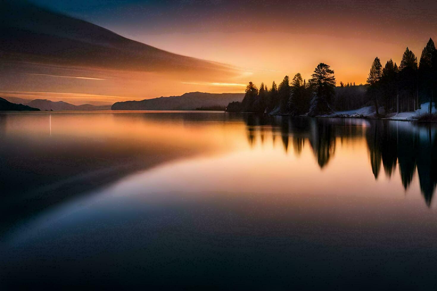 a beautiful sunset over a lake with trees. AI-Generated photo