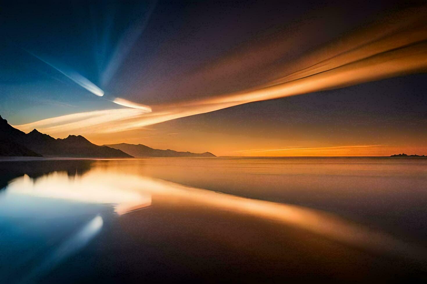 the sun is setting over a lake and mountains. AI-Generated photo