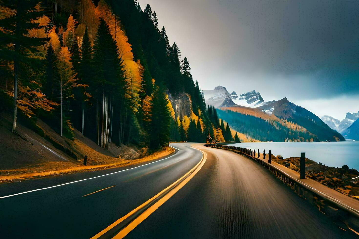a scenic road with mountains in the background. AI-Generated photo