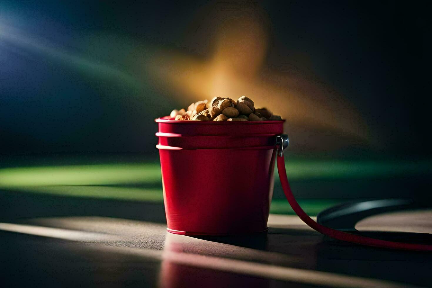 a red bucket with peanuts sitting on a table. AI-Generated photo