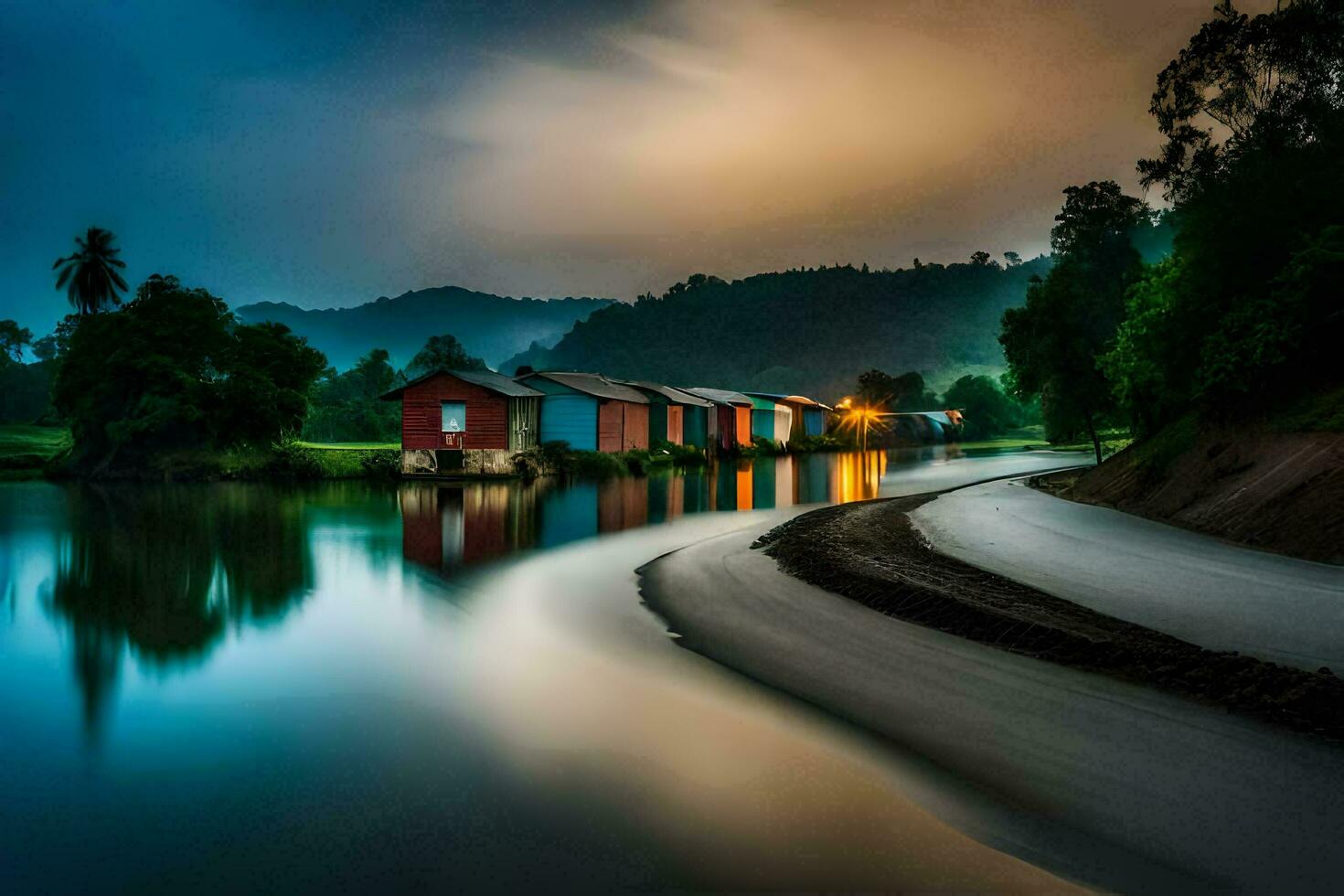 a river with houses on it at night. AI-Generated photo