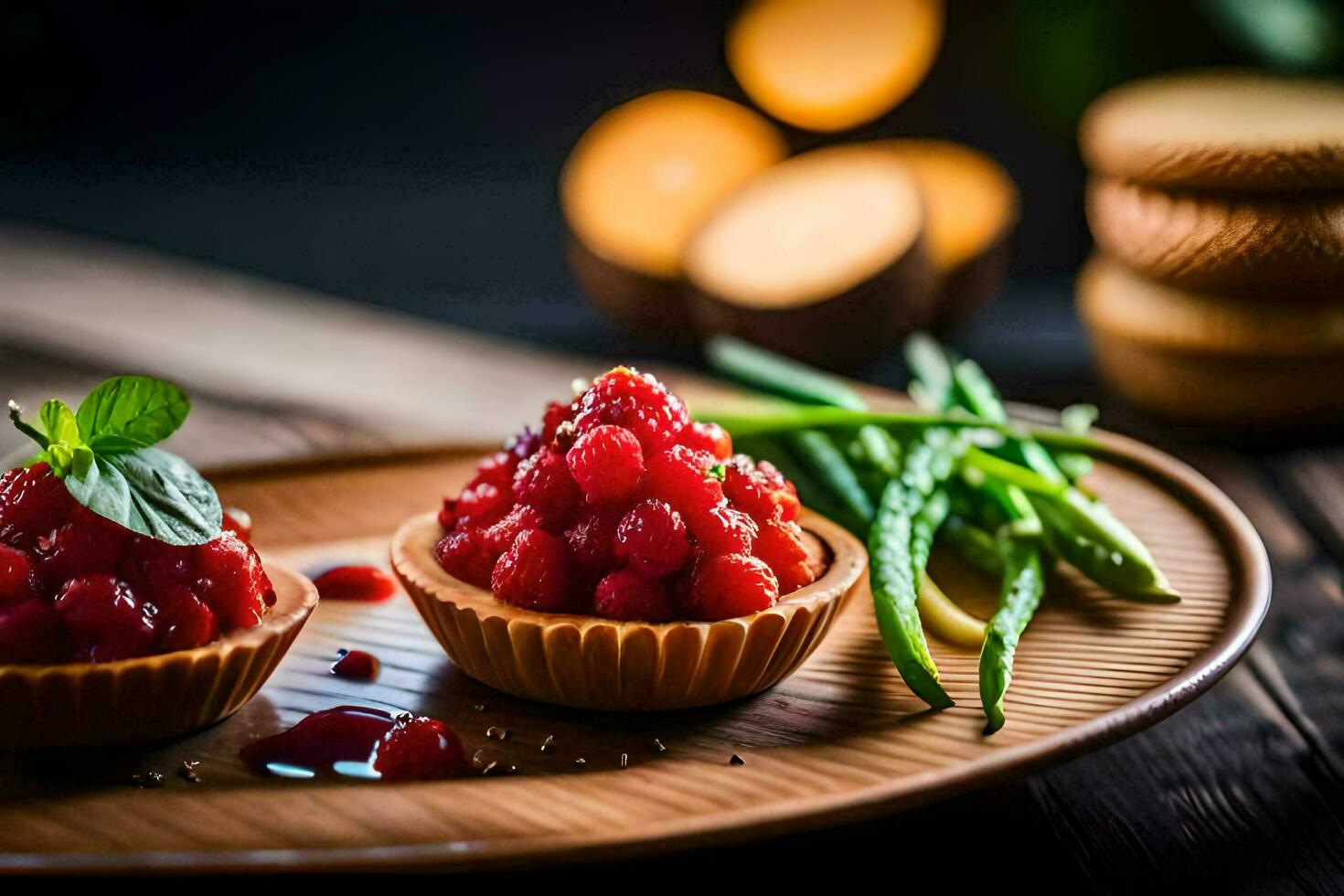 two small tartlets with berries and green beans. AI-Generated photo