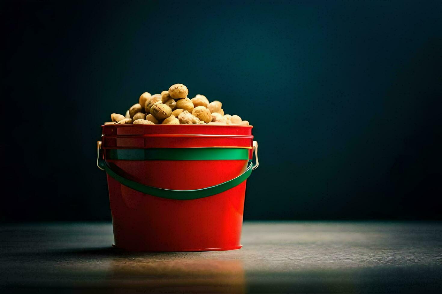 a bucket filled with peanuts on a dark table. AI-Generated photo