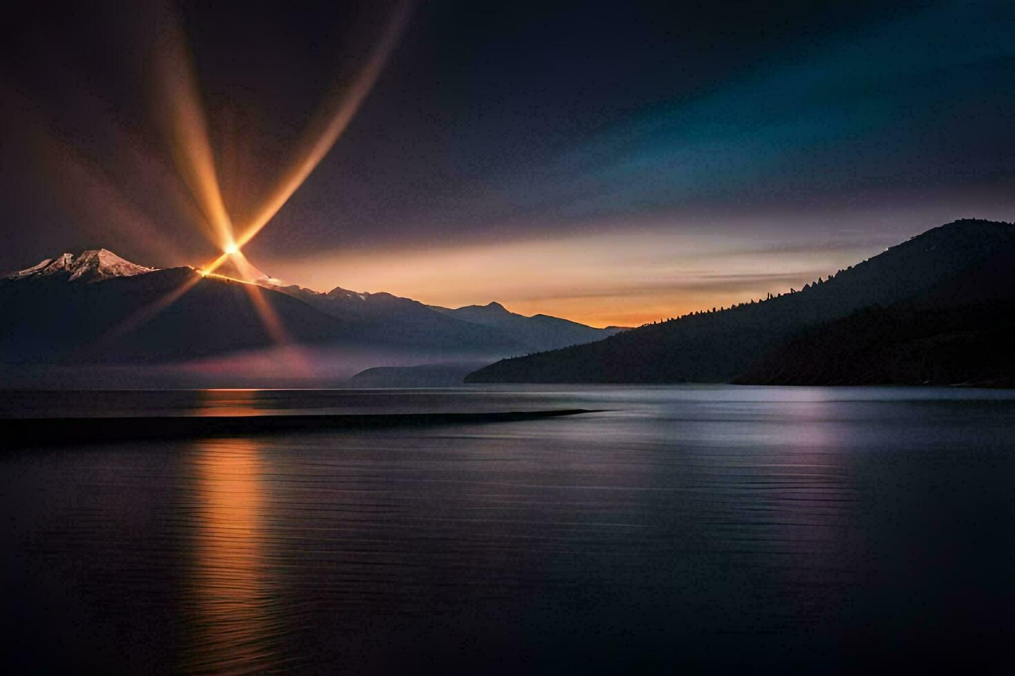 the sun shines over a mountain and a lake. AI-Generated photo
