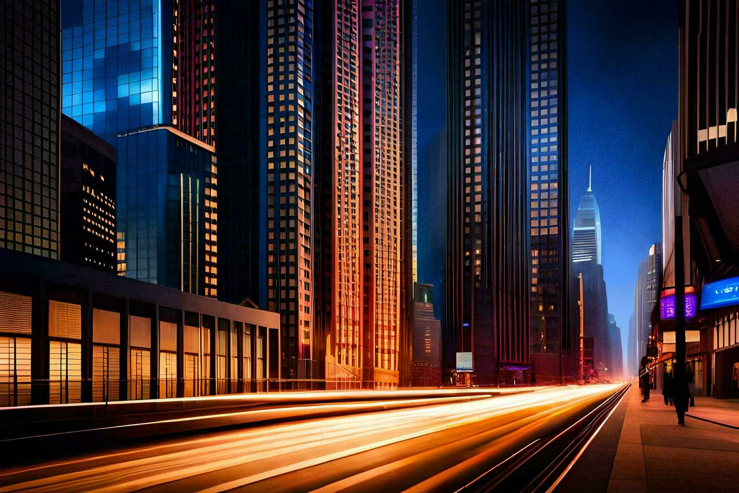 a city street at night with a train passing by. AI-Generated photo