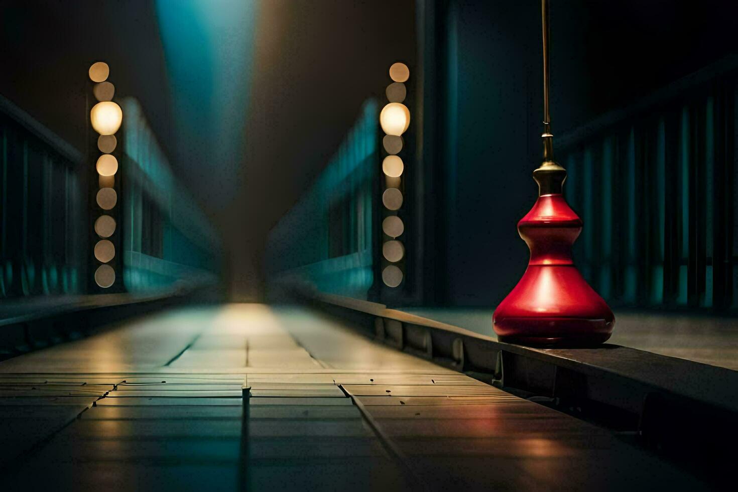 a red vase sitting on a bridge with lights. AI-Generated photo