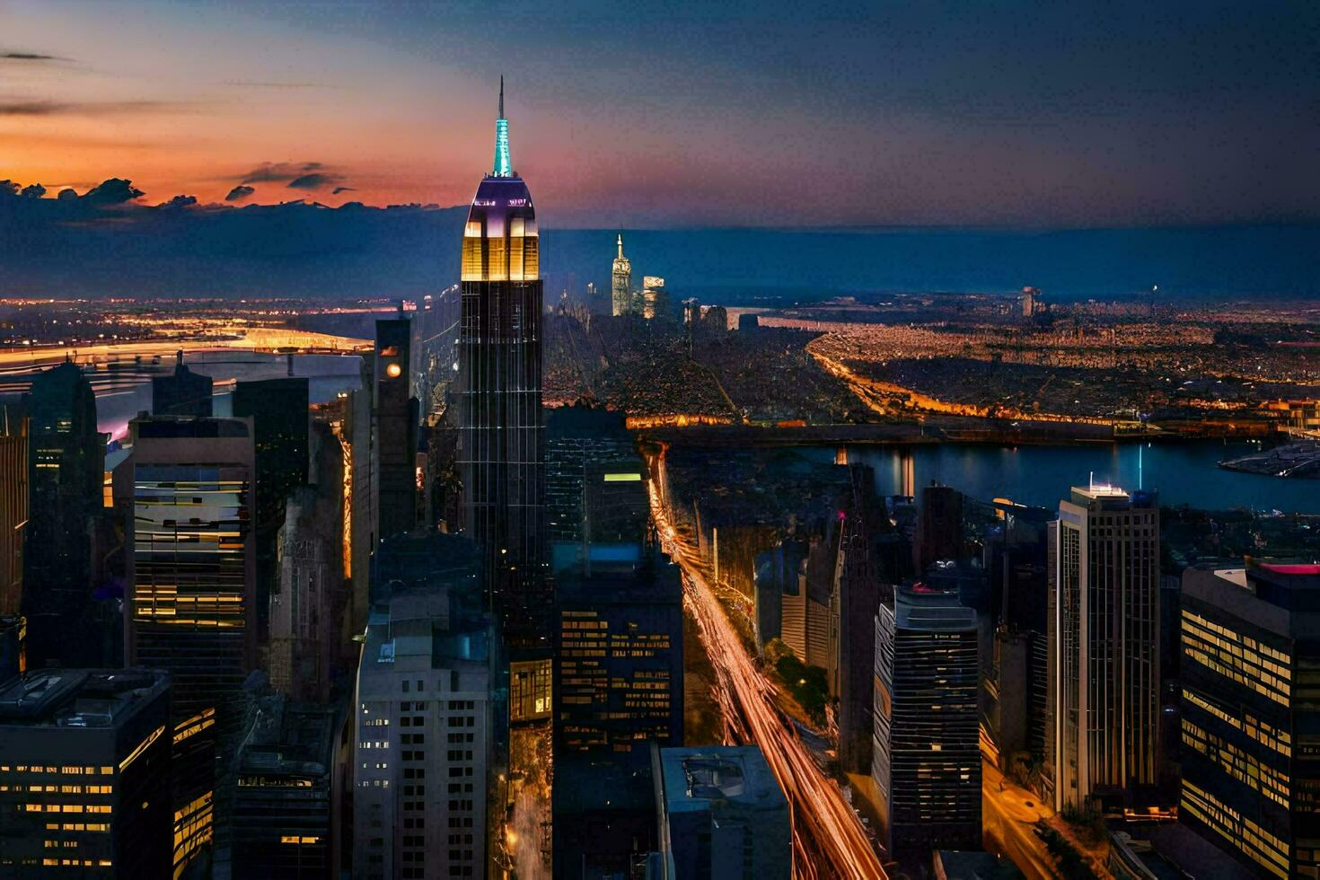 the empire state building is lit up at dusk in new york city. AI-Generated photo