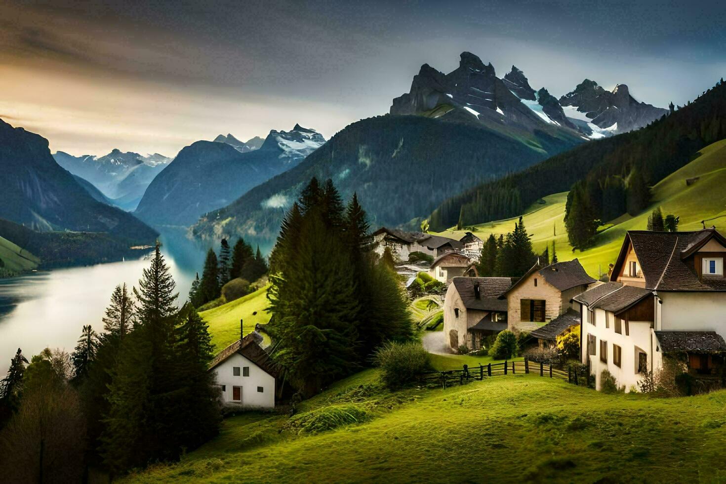 a beautiful mountain village with a lake and mountains. AI-Generated photo