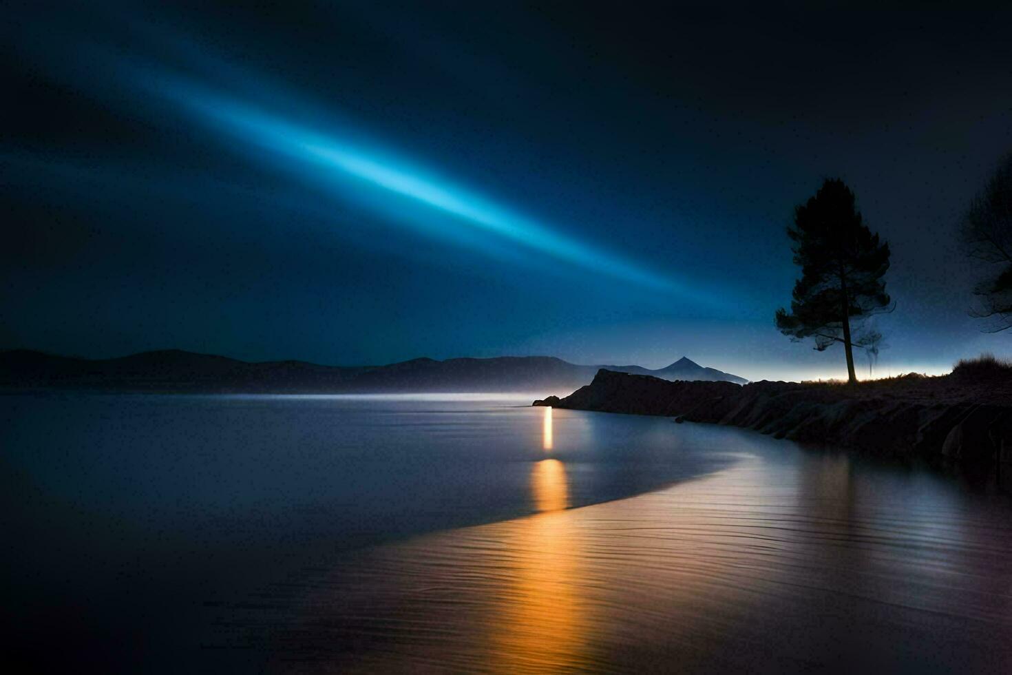 a lone tree stands on the shore of a lake at night. AI-Generated photo