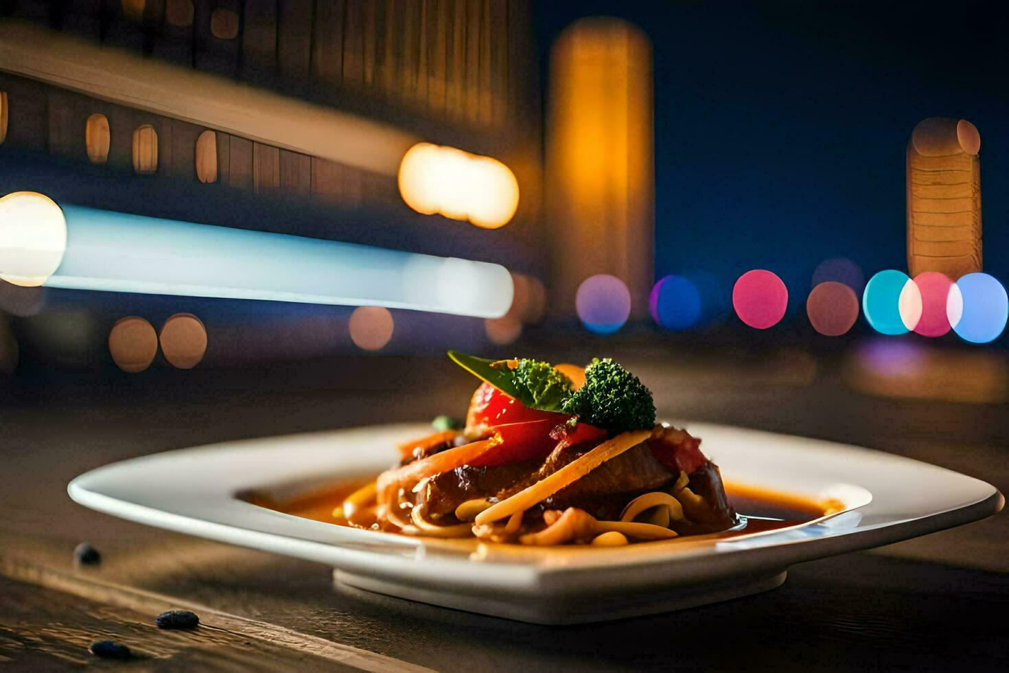 a plate of food sitting on a table in front of a city. AI-Generated photo