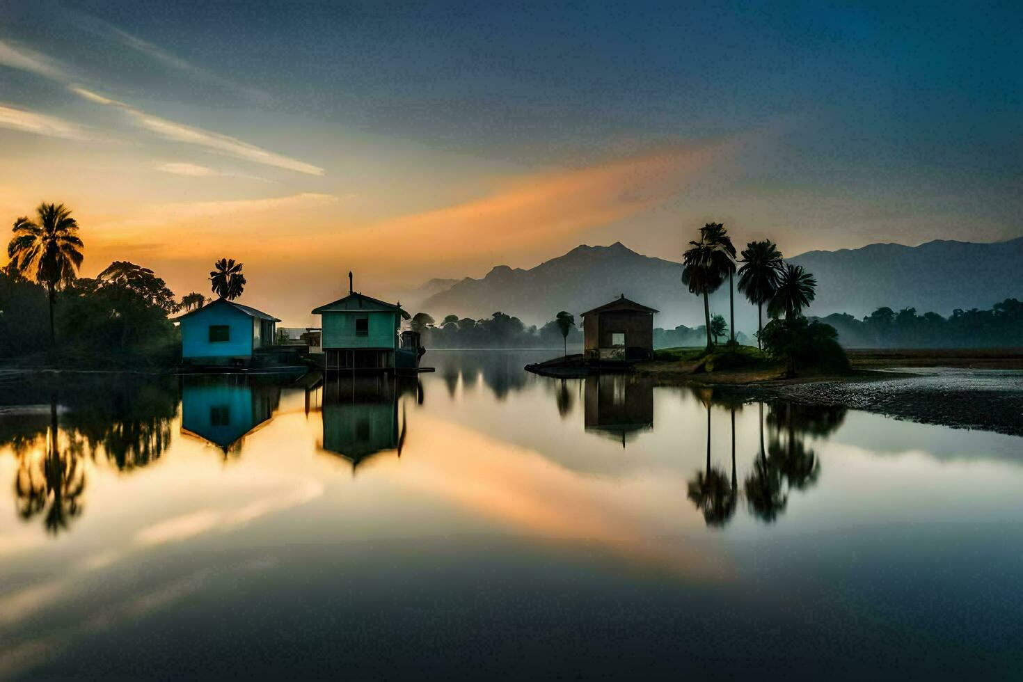 un hermosa amanecer terminado un lago con palma arboles generado por ai foto