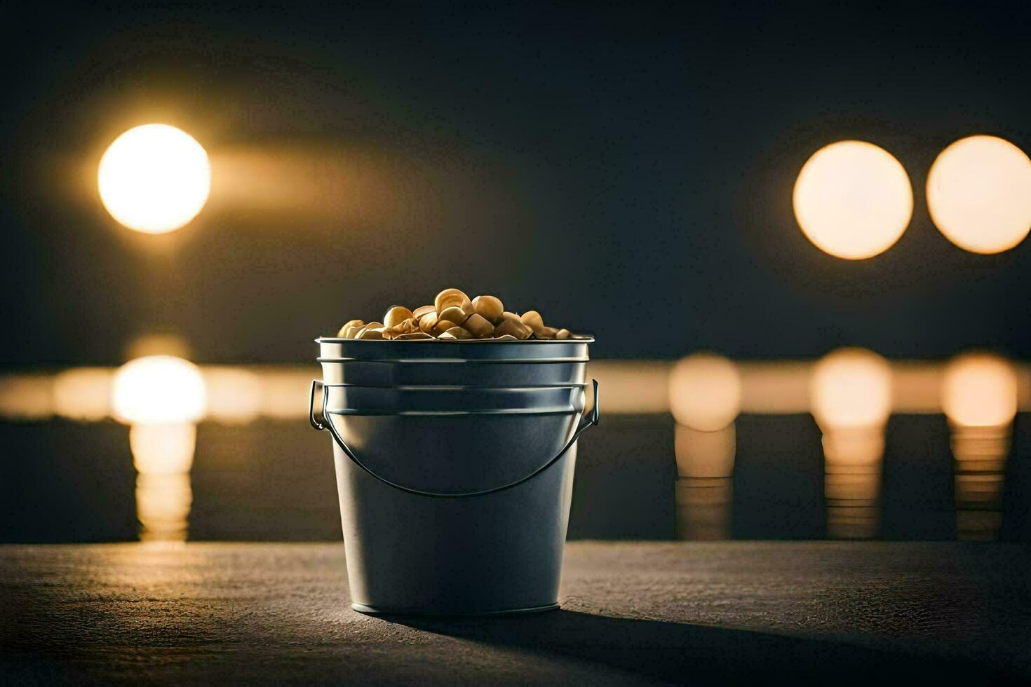 un Cubeta de palomitas de maiz en un mesa en frente de un lago. generado por ai foto