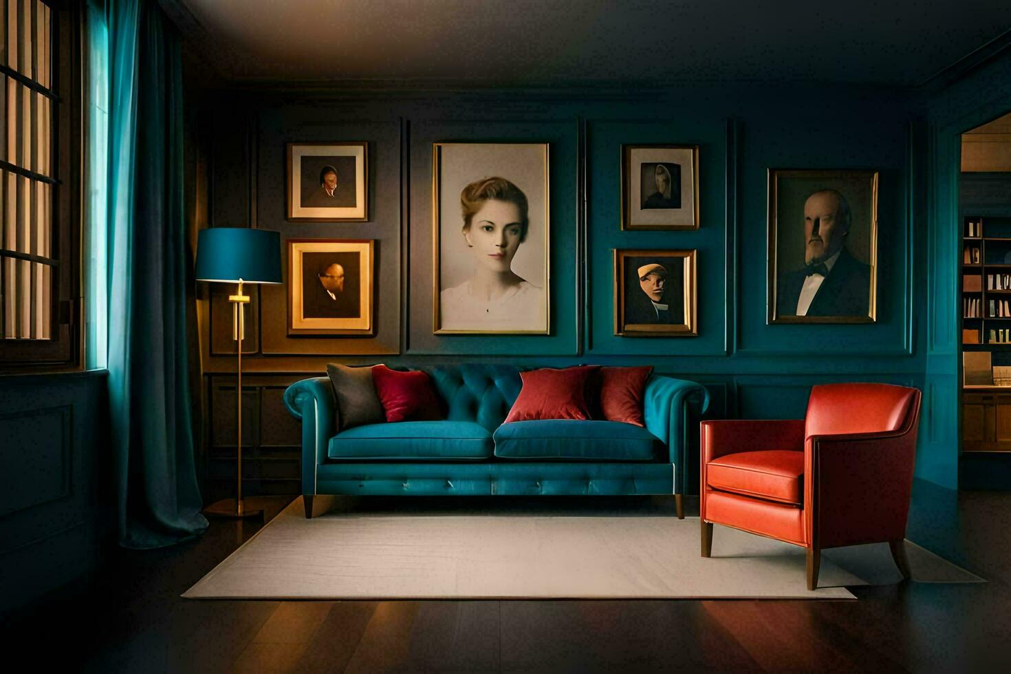 a blue living room with a red chair and pictures on the wall. AI-Generated photo