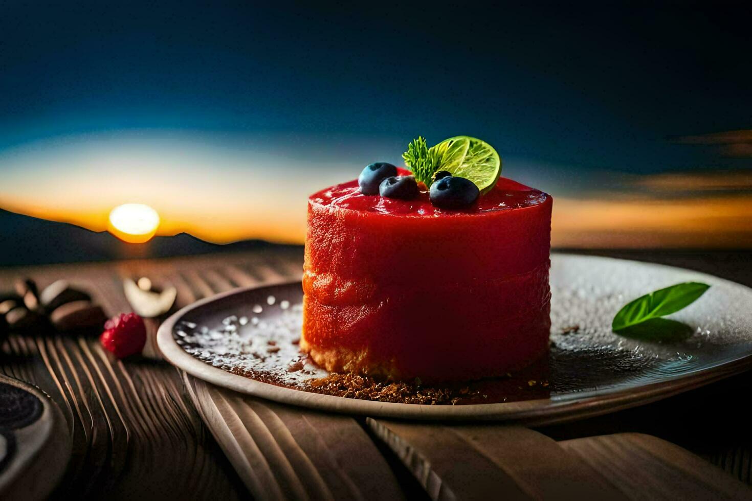 a dessert on a plate with berries and a sunset in the background. AI-Generated photo