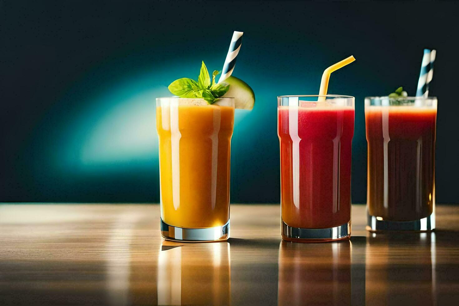 three different types of juices are shown on a table. AIGenerated