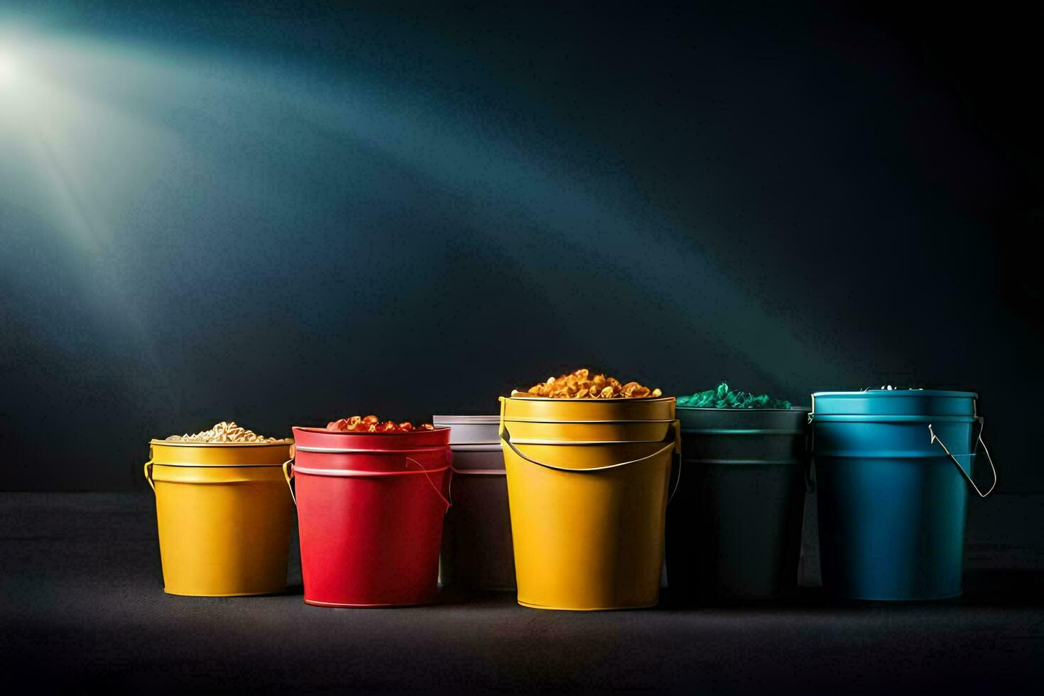 colorful buckets of different colored food on a dark background. AI-Generated photo