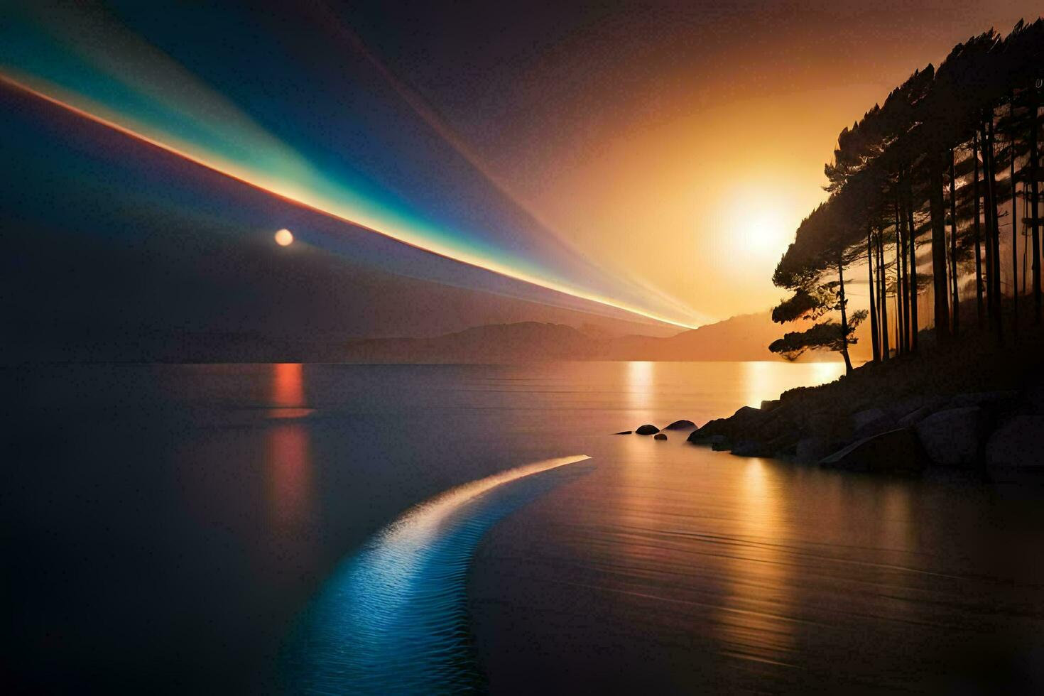 a beautiful sunset over the water with a rainbow. AI-Generated photo
