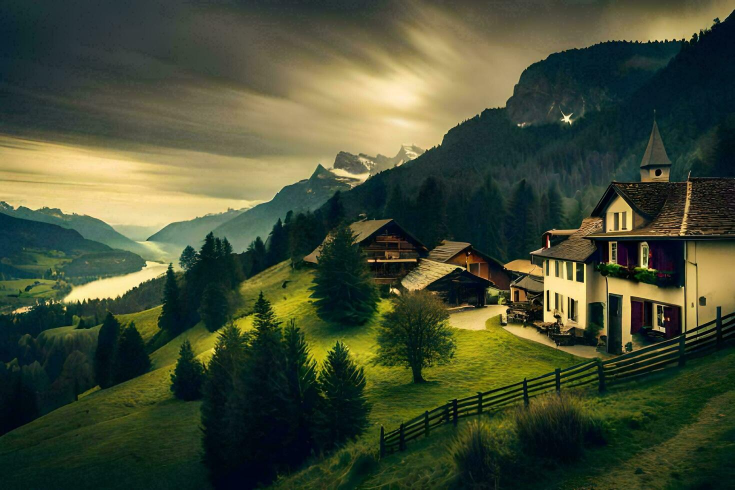 a house in the mountains with a lake in the background. AI-Generated photo