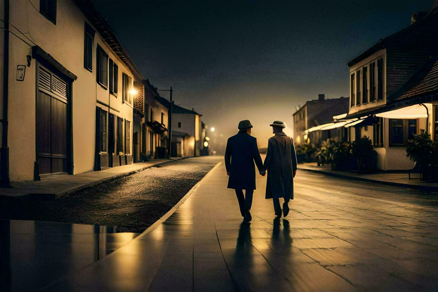 dos personas caminando abajo un calle a noche. generado por ai foto