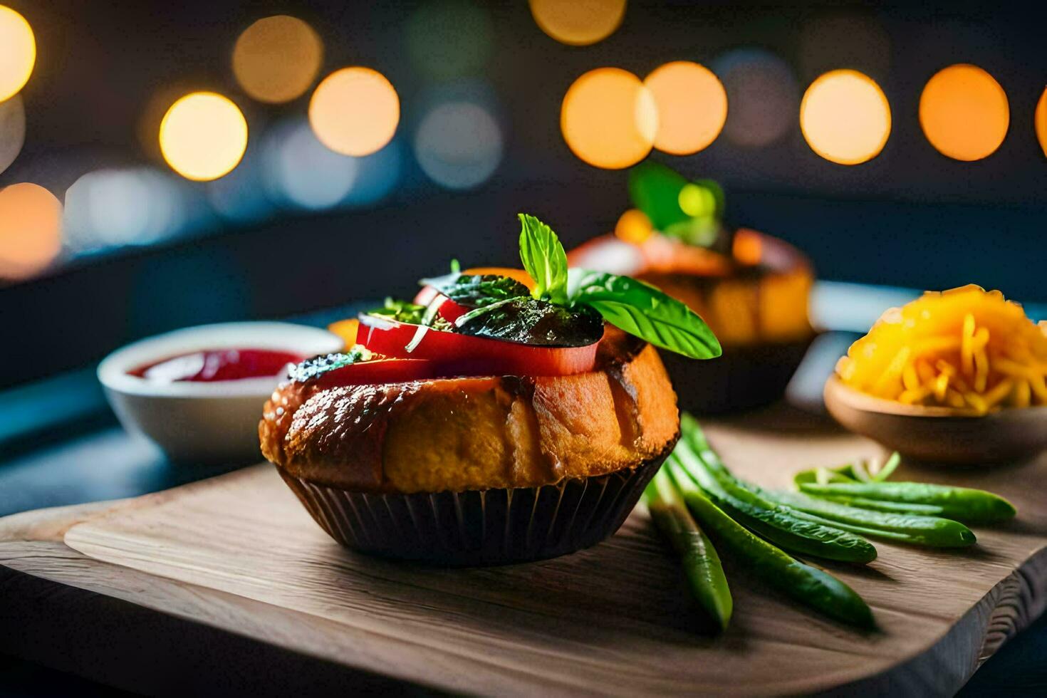 a small cupcake with tomatoes and green beans on a wooden cutting board. AI-Generated photo