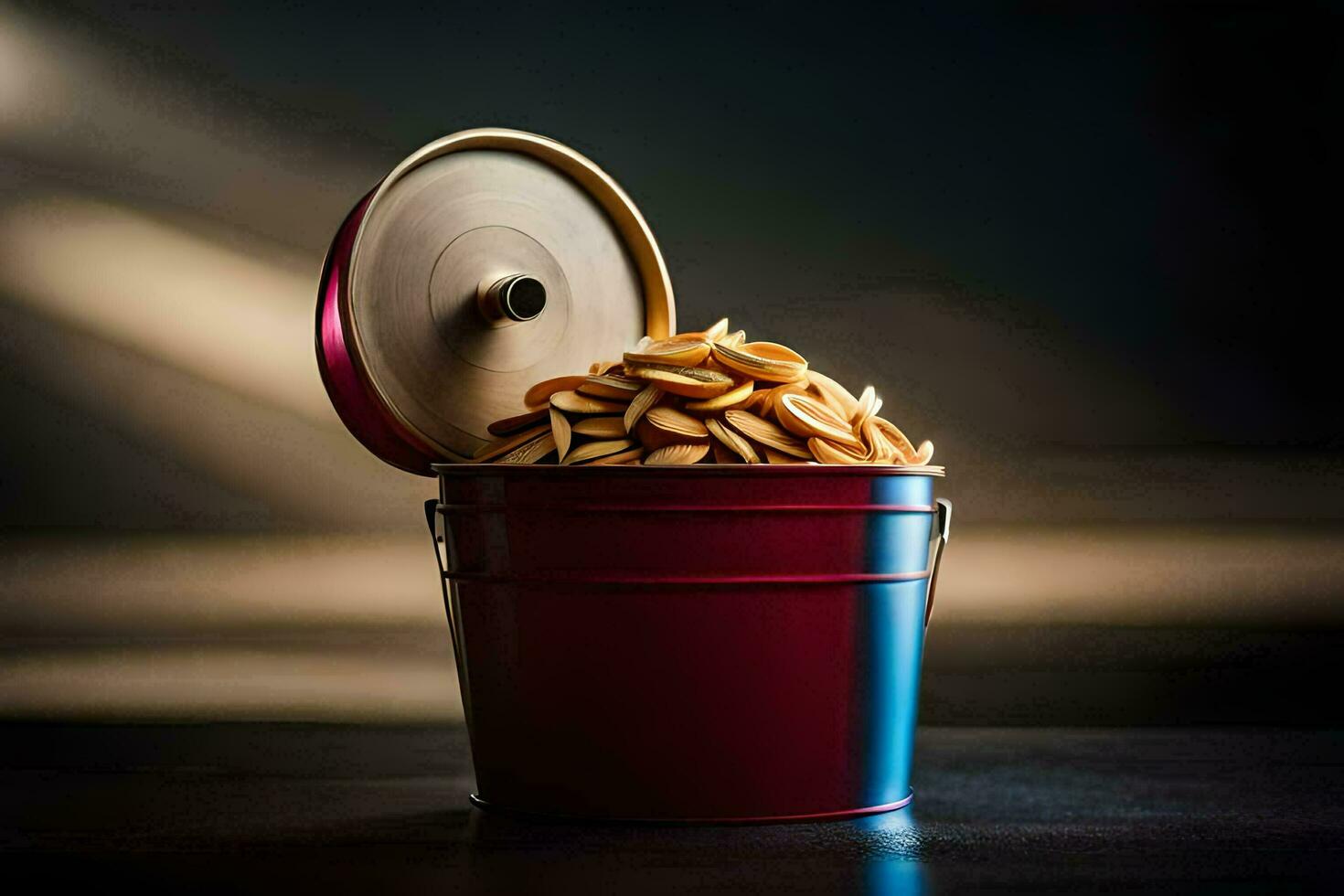 a red bucket filled with almonds. AI-Generated photo
