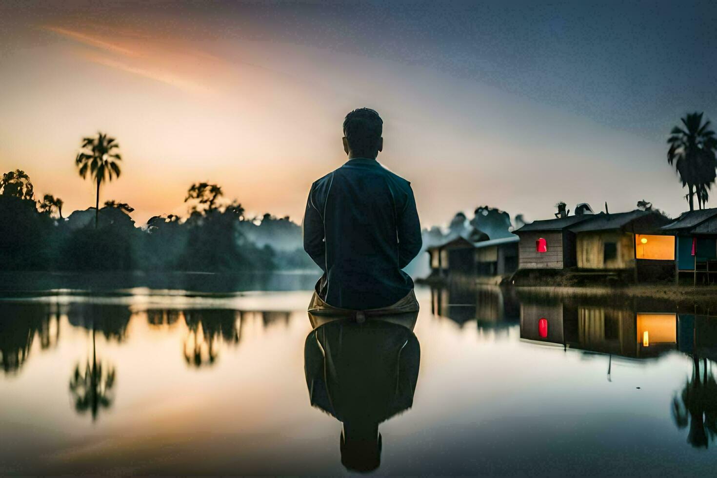 a man sitting on a boat in the water at sunset. AI-Generated photo