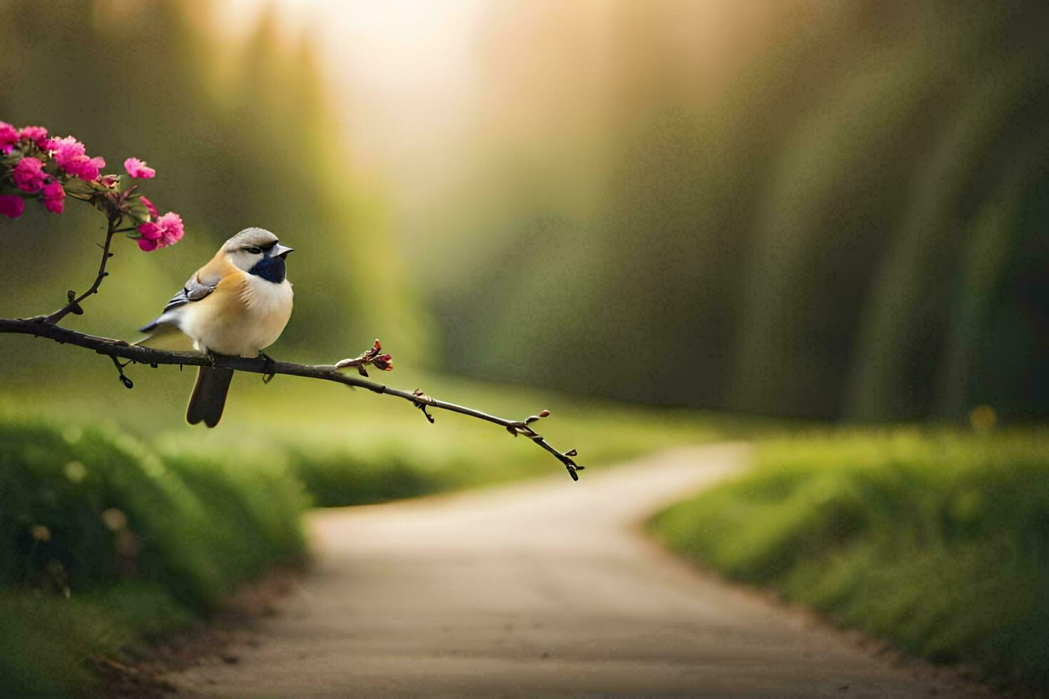 a bird sits on a branch in the middle of a road. AI-Generated photo