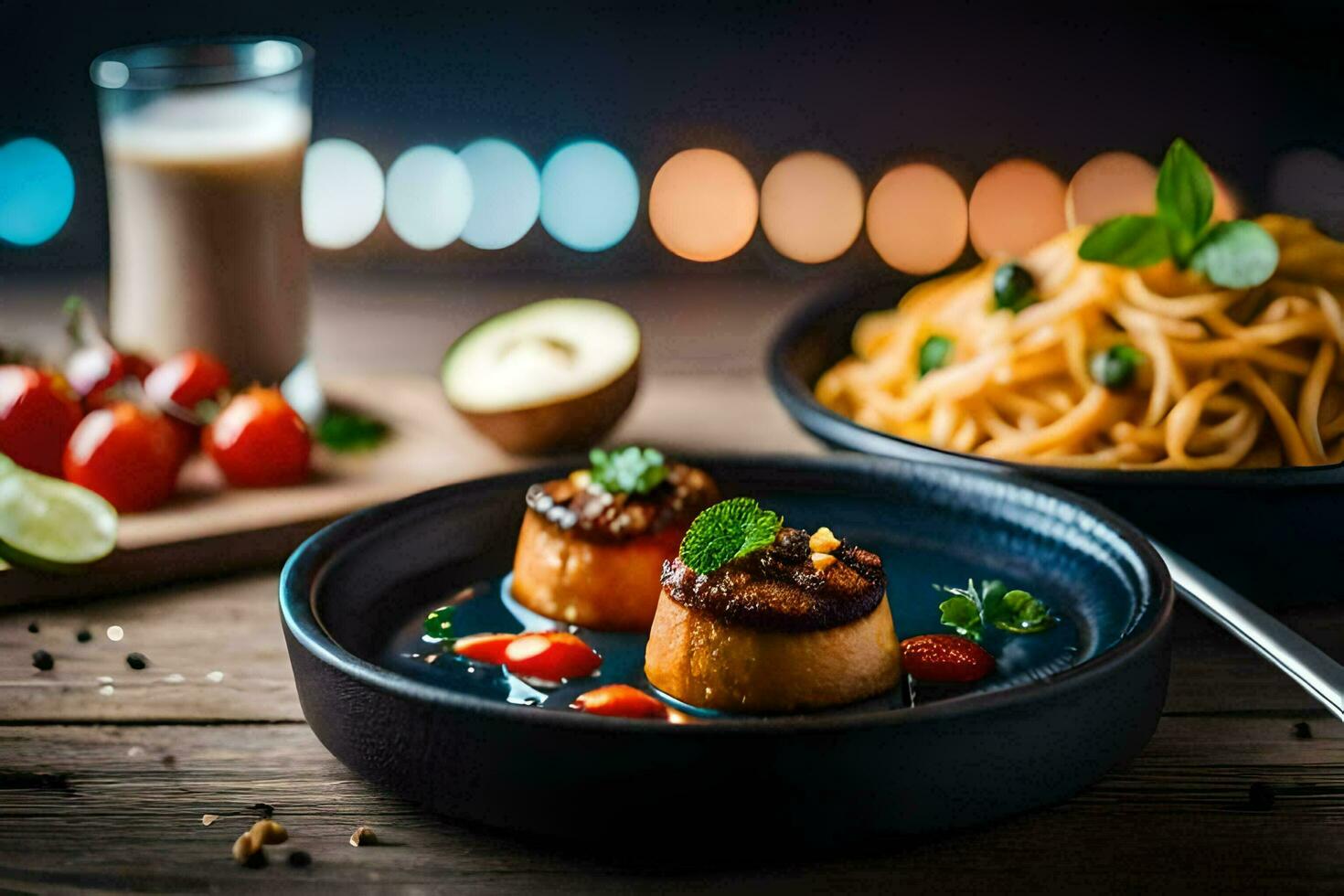a plate of pasta and vegetables with a glass of milk. AI-Generated photo