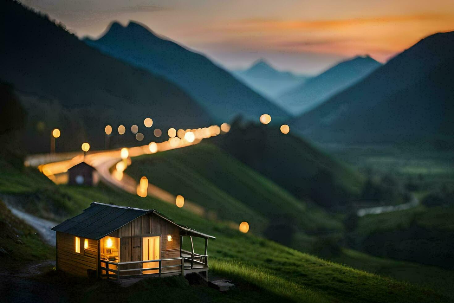 a small cabin in the mountains at sunset. AI-Generated photo